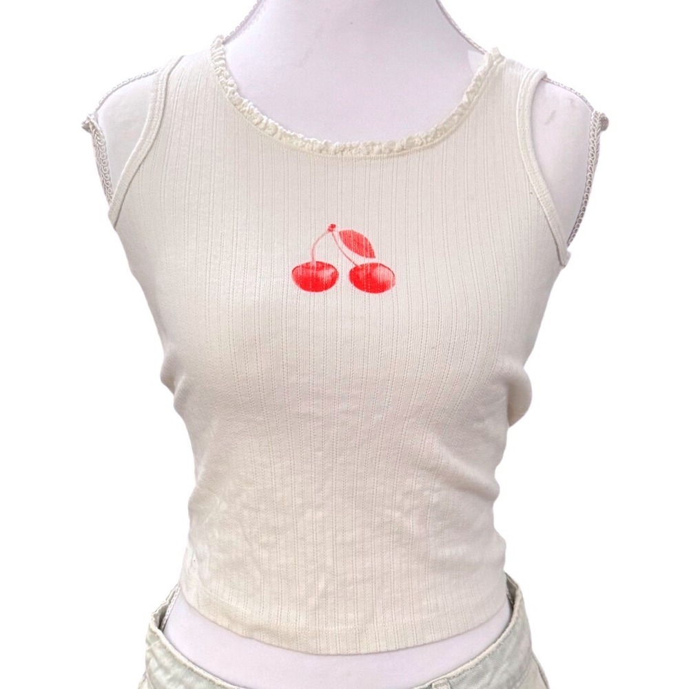 Cherry Graphic Ribbed Tank Top Lace Trim Coquette Cream Cat & Jack Size XS